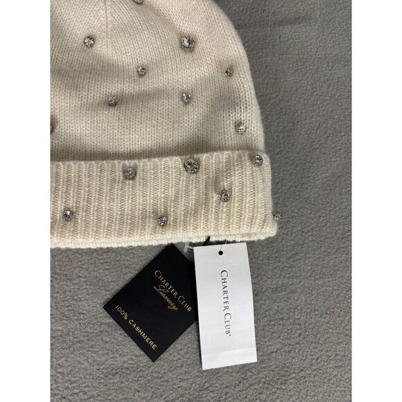 Charter Club Luxury 100% Cashmere Beanie Hat Rhinestone Embellishments Ivory NWT